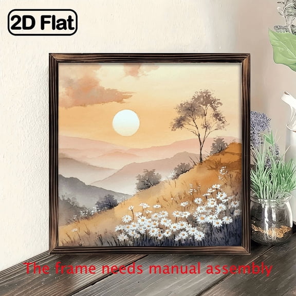 8x8 Inch Summer Landscape Wall Pediment with Recycled Wood Frame - Serene Sunset Hill Daisy Field Art, Horizontal Home Decor for Living Room, Kitchen, Bedroom, Bathroom - Mother's