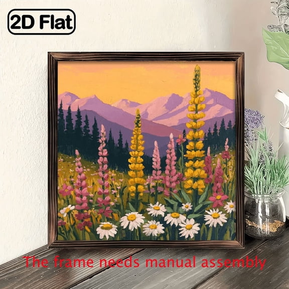 8x8 Inch Summer Wall Pediment with Wooden Frame - Floral Mountain Landscape Art, Recycled Wood Frame, Horizontal Wall Decor for Living Room, Kitchen, Bedroom, Bathroom - Mother's Day Holiday