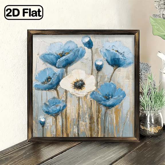 8x8 Inch Vintage Blue Poppy Wall Art, Wooden Frame with Beige Background, Perfect Home Office Decoration, Ideal Flower Decor Gift