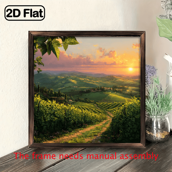 8x8 Inch Vintage Farmhouse Wall Decor - Wooden Painting with Grapevine Hills Sunset Vineyards Scene, Easy-Hang Pre-Drilled Holes for Living Room, Kitchen - Housewarming, Wedding, or Birthday