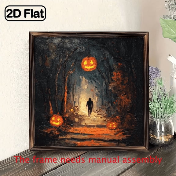 8x8 Inch Vintage Farmhouse Wooden Framed Halloween Wall Art - Spooky Haunted House Glowing Jack-O'-Lanterns Scene, Self-Adhesive Easy Hang, Reusable Flat Panel Home Decor for Bedroom, Living Room