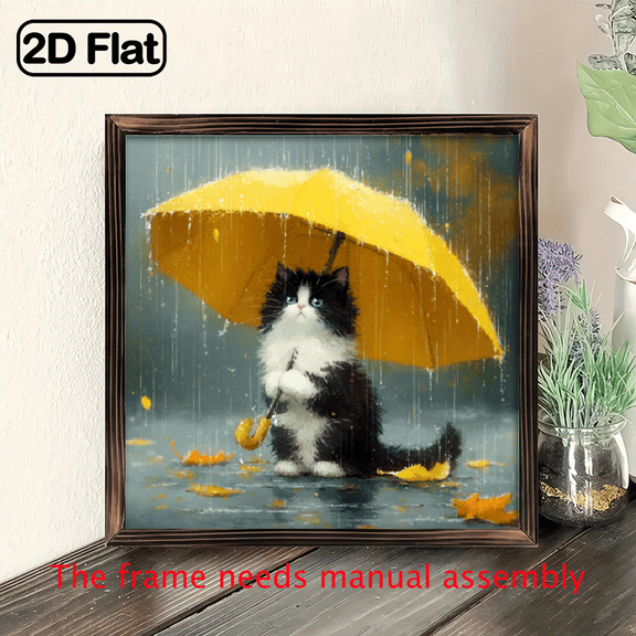8x8 Inch Vintage FarmhouseStyle Wooden Frame Wall Art - Cute Black White Kitten with Yellow Umbrella in Rain, Rustic Home Office Cafe Decor, Perfect Holiday Gift for Friends Neighbors, Whimsical