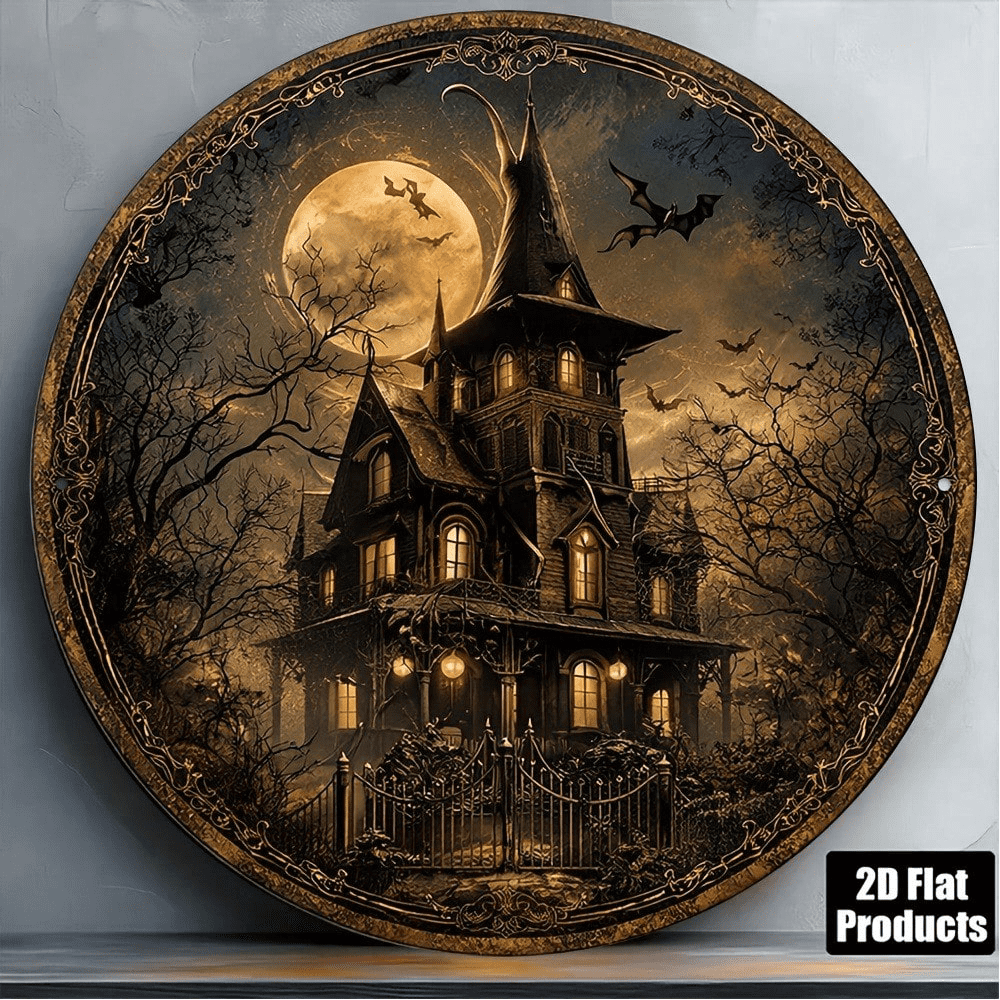 8x8 Inch Vintage Halloween Sign Round Plaque Haunted House Horror ...