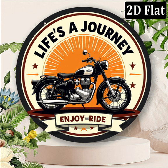 8x8 Inch Vintage Motorcycle Aluminum Sign - Humorous _Life's A Journey_ Metal Wall Art with Retro Sunburst Design - Rustic Americana Decor for Home, Garage, Bar, Cafe - No Electricity Needed, Perfect