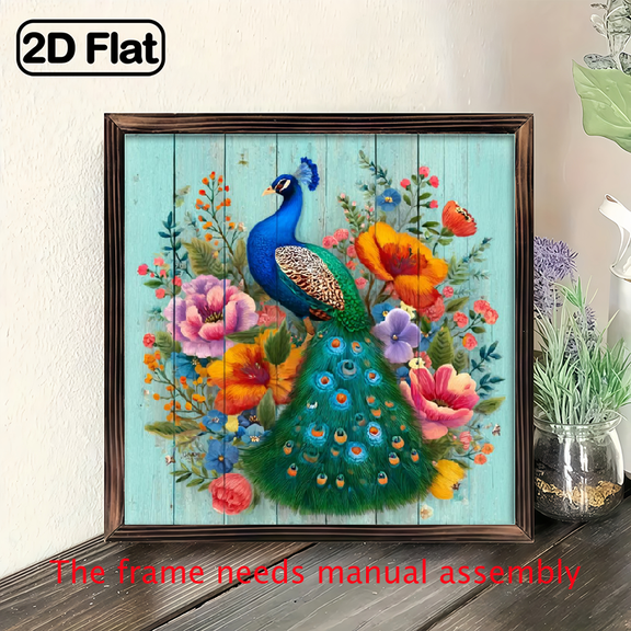 8x8 Inch Vintage Peacock Floral Wall Decor - Elegant Blue Background with Green, Pink, Orange, Yellow, Red, Purple, White, Black, - Easy Hang with Pre-Drilled Holes - Rustic Farmhouse, Living Room