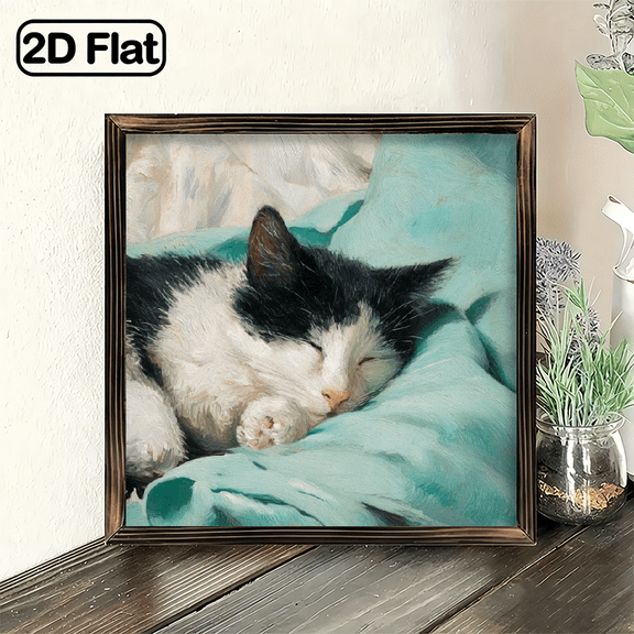 8x8 Inch Vintage Sleeping Cat on Teal Pillows Wall Art, Recycled Wood Frame, Perfect Farmhouse Decor, Ideal Pet Lover Gift