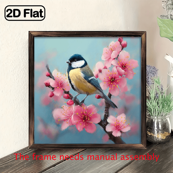8x8 Inch Wooden Frame Wall Art - Springtime Bird Peach Blossoms Contemporary Nature-Inspired Decor, Easy to Hang for Living Room, Bedroom, Office - Perfect Gift for Home Desk.