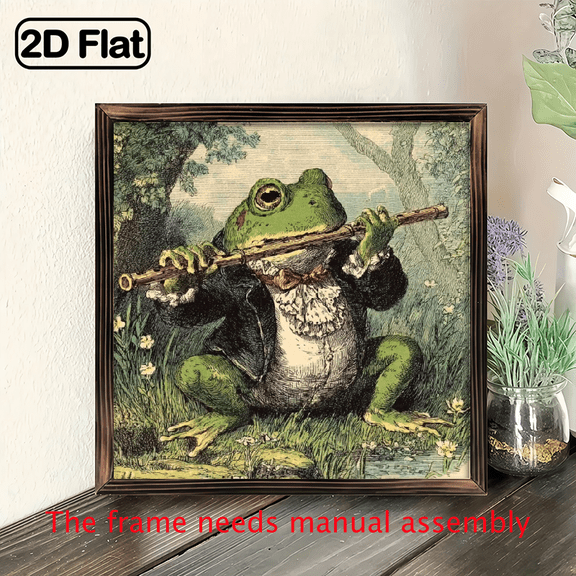 8x8 Inch Wooden Framed Frog with Flute Art Print - Whimsical Garden Scene, Ideal for Bathroom, Kitchen, or Living Room Decor, Perfect Gift for Easter Christmas, Wall Hanging Plaque