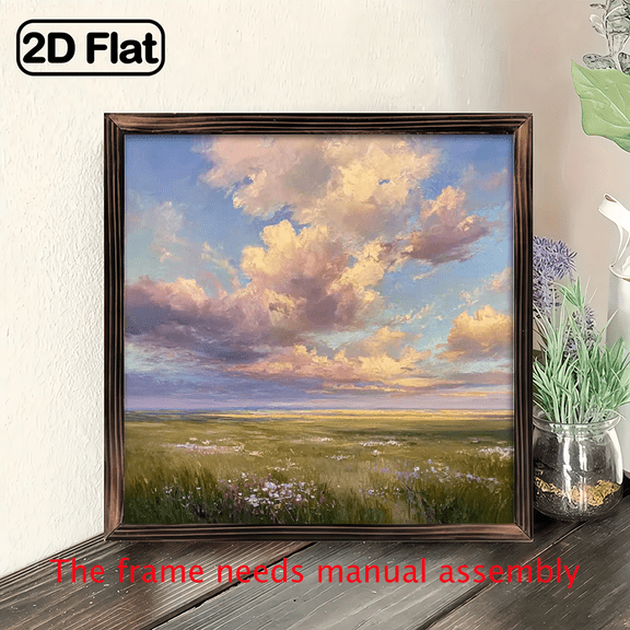 8x8 Inch Wooden Framed Sunset Landscape Painting - Serene Countryside Wall Art with Vibrant Clouds Fields, Classic Home Decor for Christmas, New Year, Valentine's, Easter, Decorativ