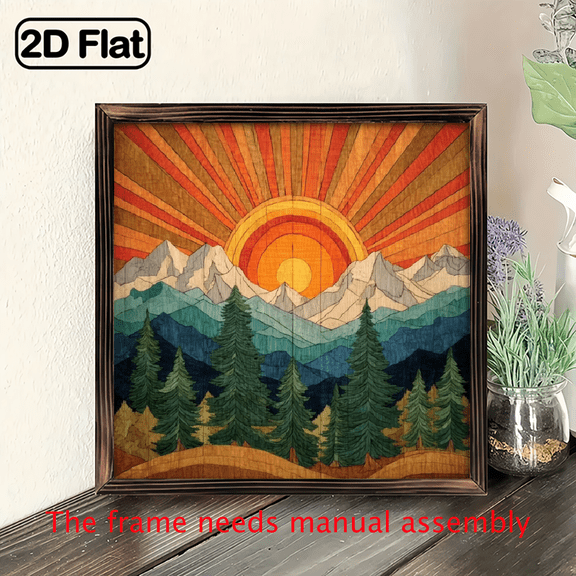 8x8 Inch Wooden Framed Wall Art - Summer Landscape with Pine Trees Mountains, Horizontal Wood Panel Picture, Rustic Vintage Muted tone for Living Room, Bedroom, Kitchen, Bathroom - Mothers