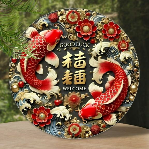 8x8 Inches Metal Classic Koi Fish Wall Decor - Dual Carp Design Good Luck Symbol, Welcome Sign for Home, Office, Coffee Shops, Multipurpose Indoor Entryway Door Decoration without Electricity