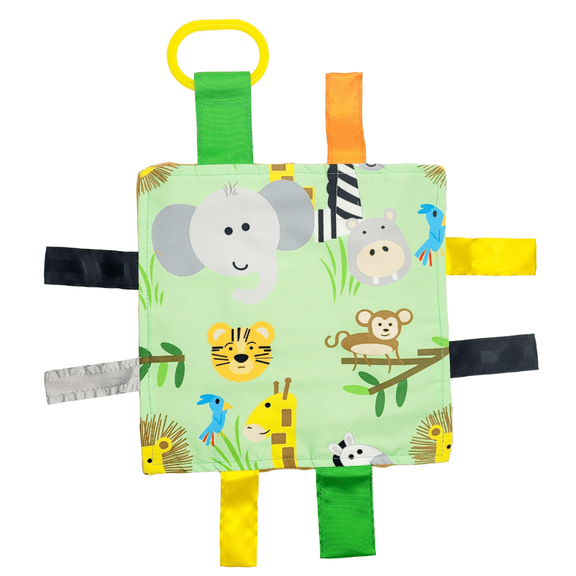 Baby Jack & Co 8x8" Jungle Zoo Animals Learning Lovey Crinkle Tag Toy with Stroller Clip