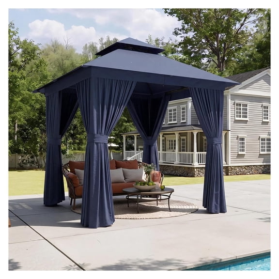 8x8 Outdoor Gazebo Canopy with Netting and Curtains, Powder Coated Steel Frame Pergola, Waterproof UPF 50 Sun Shelter, Wind Resistance Level 6, for Patio, Backyard, and Garden