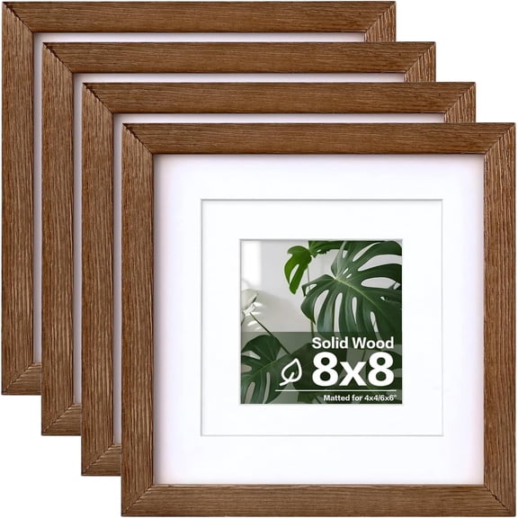 8x8 Picture Frame Made of Solid Wood with Plexiglass, Display Pictures 4x4/6x6 with Mat or 8x8 Without Mat Set of 4 for Tabletop and Wall Mounting, Walnut Brown