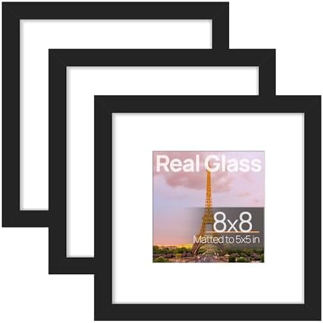 8x8 Picture Frame Made of High Definition Glass, Display Pictures 5x5 with Mat or 8x8 Without Mat, Gallery Wall Frame Set, Black