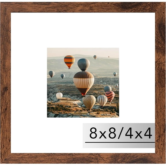 8x8 Picture Frame with Mat, Display 4x4 with Mat or 8 x 8 without Mat, Wood Square 8 by 8 Photo Frames for Wall Hanging or Tabletop, 1 Pack, Deep Brown