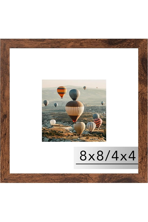 8x8 Picture Frame with Mat, Display 4x4 with Mat or 8 x 8 without Mat, Wood Square 8 by 8 Photo Frames for Wall Hanging or Tabletop, 1 Pack, Deep Brown