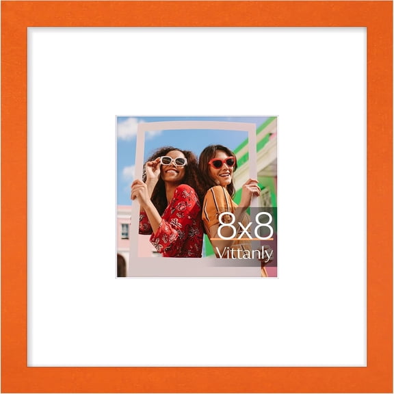 8x8 Picture Frame, Premium Material with Shatter Resistant Plexiglass, Display Pictures 4x4 with Mat or 8x8 without Mat, Square Frame for for Wall or Table Top Display, Orange, 1 Pack