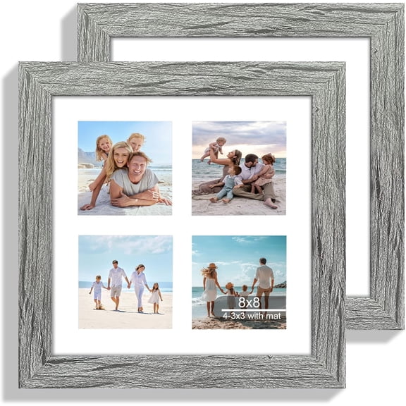 8x8 Picture Frame Set of 2, with Glass and Grey Wood Frames, Display Collage Four Opening 3x3 With Mat or 8 x 8 Without Mat for Wall Hanging or Tabletop