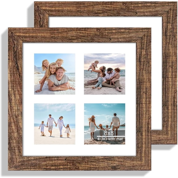8x8 Picture Frame Set of 2, with Glass and Rustic Brown Wood Frames, Display Collage Four Opening 3x3 With Mat or 8 x 8 Without Mat for Wall Hanging or Tabletop