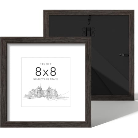 Picrit 8x8 Picture Frame Set of 2, Solid Wood and Black Backboard, Displays 5x5 with Mat or 8 x Without Mat, Tabletop & Wall Mounted, Multi-Piece Gallery Photo Frames for Home Decor, Brown Grain