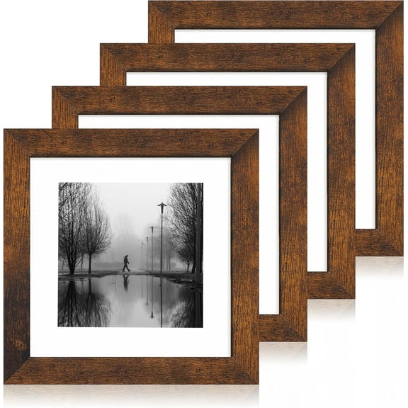 8x8 Picture Frame Set of 4 with HD Glass, Display 6x6 Pictures with Mat or 8 x 8 Without Mat, Rustic Wood Photo Frame for Wall Mount and Tabletop Display
