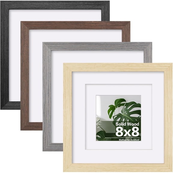 8x8 Picture Frame Set of 4 Multicolor Solid Wood Frames Covered by Plexiglass, Display 4x4/6x6 Photo with Mat, Gallery Wall Picture Frames for Tabletop or Wall Mounting, Mixed Colors