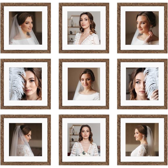 8x8 Picture Frame Set of 9, Display Pictures 4x4 with Mat or 8x8 without Mat, Multi Collage Gallery Square Photo Frames for Wall or Tabletop,Distressed Brown