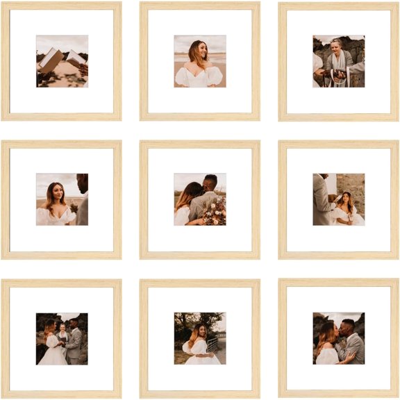 8x8 Picture Frame Set of 9, Display Pictures 4x4 with Mat or 8x8 without Mat, Multi Collage Gallery Square Photo Frames for Wall or Tabletop, Natural Wood
