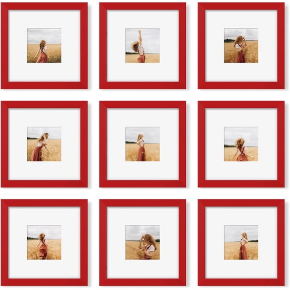 8x8 Picture Frame Set of 9, Photo Gallery Wall Frame Set, Display Pictures 4 x 4 with Mat or 8x8 Without Mat, Square Frame Picture Frames Collage Wall Decor, Red