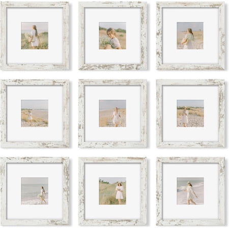 8x8 Picture Frame Set of 9, Photo Gallery Wall Frame Set, Display Pictures 4x4 with Mat or 8 x 8 Without Mat, Square Frame Picture Frames Collage Wall decor, Distressed White