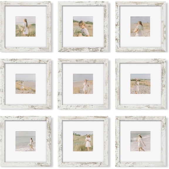 8x8 Picture Frame Set of 9, Photo Gallery Wall Frame Set, Display Pictures 4x4 with Mat or 8 x 8 Without Mat, Square Frame Picture Frames Collage Wall decor, Distressed White