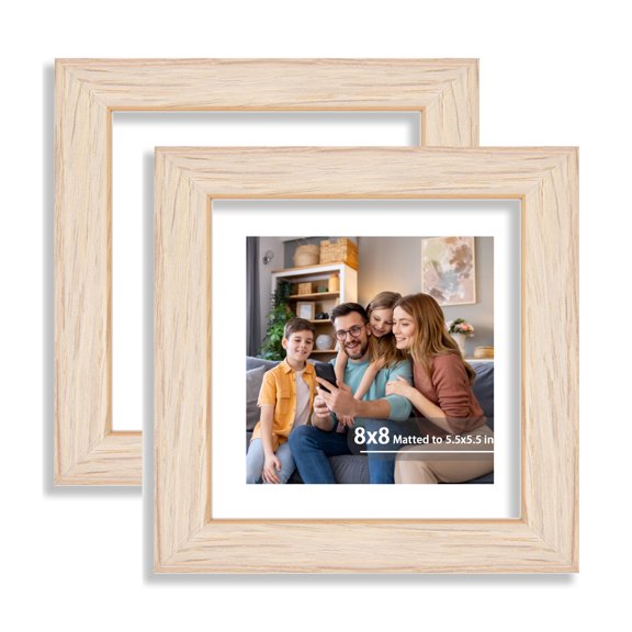 8x8 Picture Frame Set of 2, Display 5.5x5.5 Picture with Mat or 8 x 8 Without Mat, Square Wood Photo Frame for Wall Mount and Tabletop Display