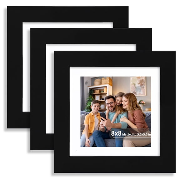8x8 Picture Frame Set of 3, Display 5.5x5.5 Picture with Mat or 8 x 8 Without Mat, Square Wood Photo Frame for Wall Mount and Tabletop Display