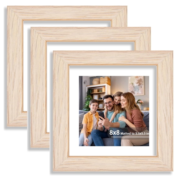 8x8 Picture Frame Set of 3, Display 5.5x5.5 Picture with Mat or 8 x 8 Without Mat, Square Wood Photo Frame for Wall Mount and Tabletop Display