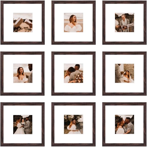 8x8 Picture Frame Set of 9, Display Pictures 4x4 with Mat or 8x8 without Mat, Multi Collage Gallery Square Photo Frames for Wall or Tabletop, Brown