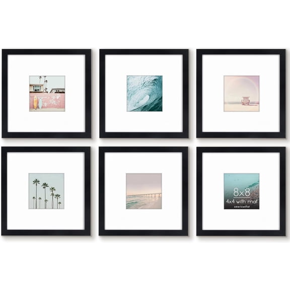8x8 Picture Frame with Shatter-Resistant Glass - Set of 6 - Use as 4x4 Frame with Mat or Display 8x8 Photo Without Mat - Galleria Collection - Square Frames for Tabletop and Wall - Black