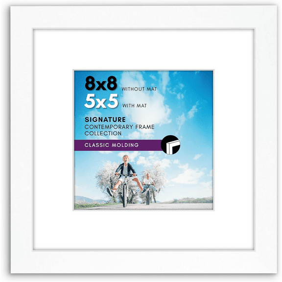 8x8 Picture Frame with Shatter-Resistant Glass - Use as 5x5 Frame with Mat or Display 8x8 Photo Without Mat - Signature Collection - Square Frames for Tabletop and Wall Display - White