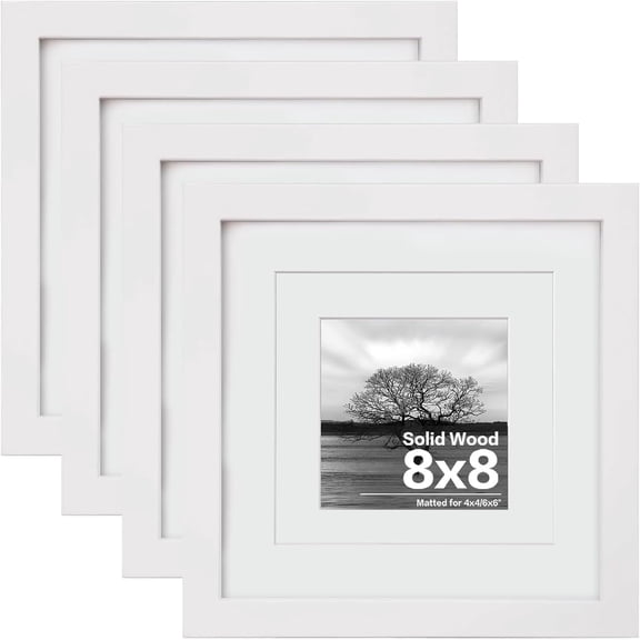 8x8 Picture Frames 4 PCS - Made of Solid Wood Covered by Plexiglass for Table Top Display and Wall Mounting Photo Frame for Pictures 4x4/6x6 with Mat White