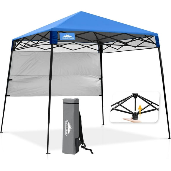 8x8 Pop Up Canopy Tent with Sidewall, Compact, Portable Slant Leg Instant Sun Shelter for Beach, Sports, & Camping, 8x8 Base 6x6 Top, Blue