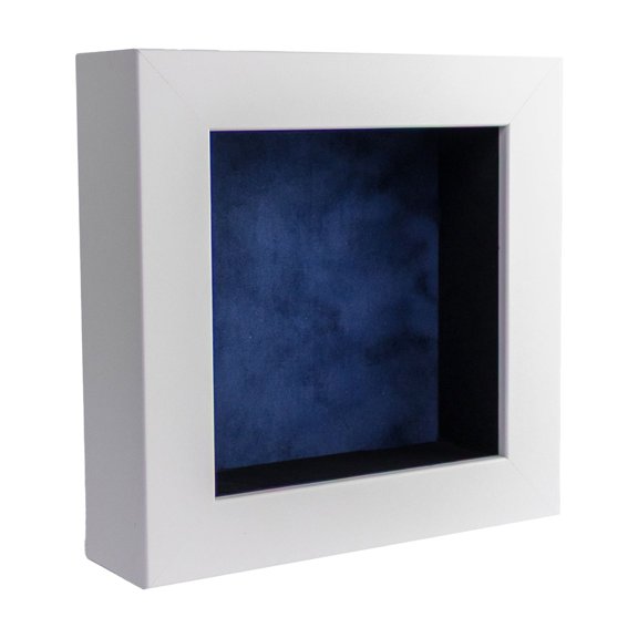 8x8 Shadow Box Frame In White With A 1 3/4" Usable Depth Includes Navy Blue Suede Acid-Free