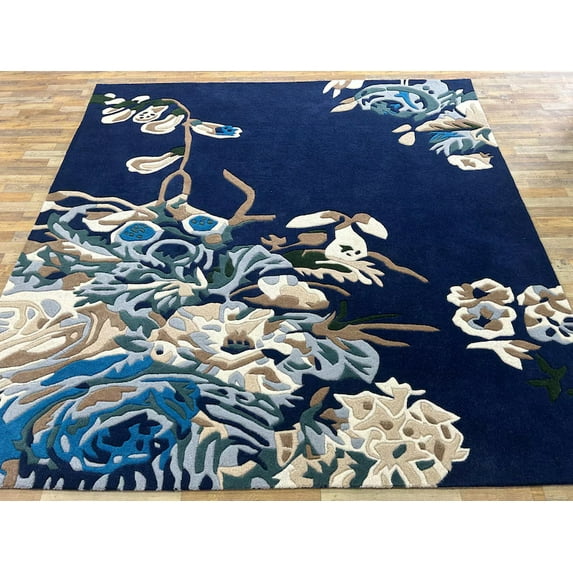 8x8 Square Rug Blue Multi Flower Hand-Tufted NZ Wool Beautiful soft Quality office Kitchen Rectangle Stripe Design thickness 14 mm
