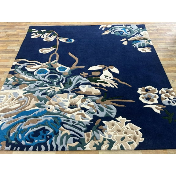 8x8 Square Rug Blue Multi Flower Hand-Tufted NZ Wool Beautiful soft Quality office Kitchen Rectangle Stripe Design thickness 14 mm