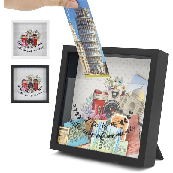 8x8 Travel Memory Shadow Box with Slot (Black) | Ticket stub organizer, memory box for keepsakes, holds photos and tickets, wall mount or tabletop display