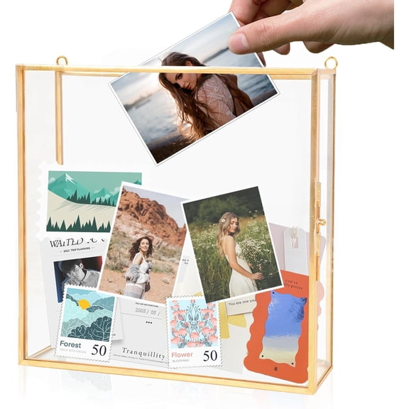 8x8 Travel Shadow Box Frame with Slot on Top, Glass Display Memory Top Loading Keepsake for Tickets, Photos,Wine Bottle Caps,Collections(Gold)