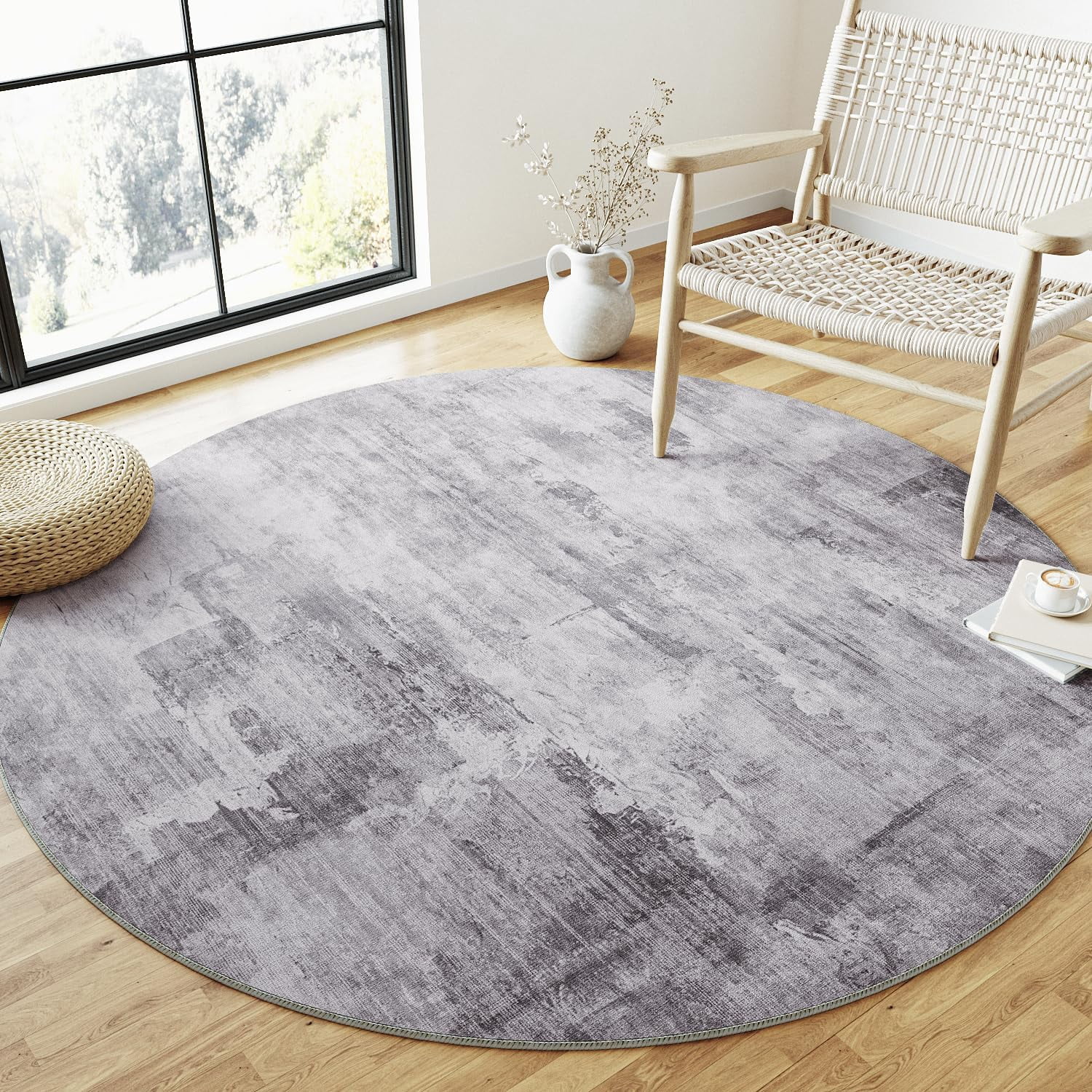 8x8 Washable Round Rug Grey Abstract Modern Living Room Bedroom Large ...
