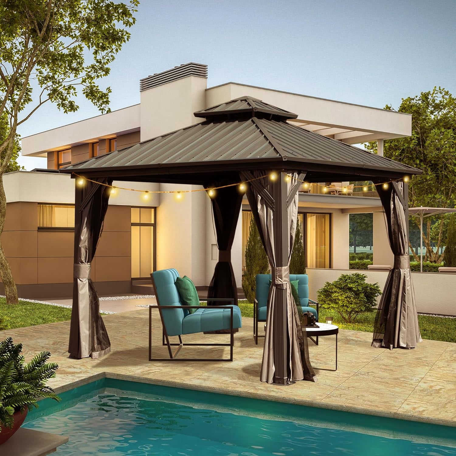 8x8 ft Hardtop Gazebo Canopy Metal with Galvanized Steel Double Roof