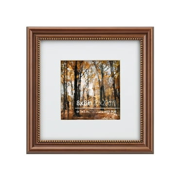 8x8 in Wood Classic Gallery Picture Frame, Ornate Beaded Inner, Matted for 5x5 Photo, Tabletop or Wall Mount Display, Brushed Brass Brown