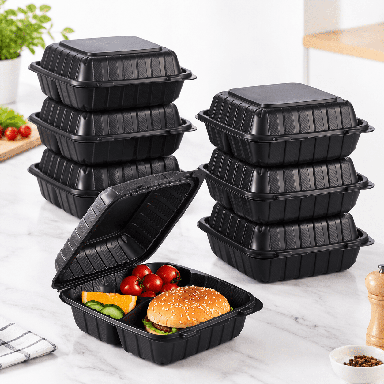 [8x8-inch 50 Pieces 3-compartment Disposablebox Containers Plastic ...