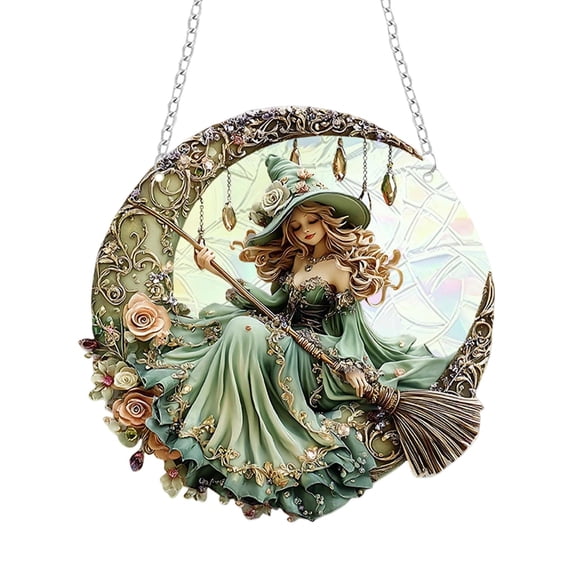 8x8 inch Charming Moonlight Witch Acrylic Stained Glass Window Hanging Sun Catcher Decor Stained Panel Hangings Wall Art Decor, for Friends and Family